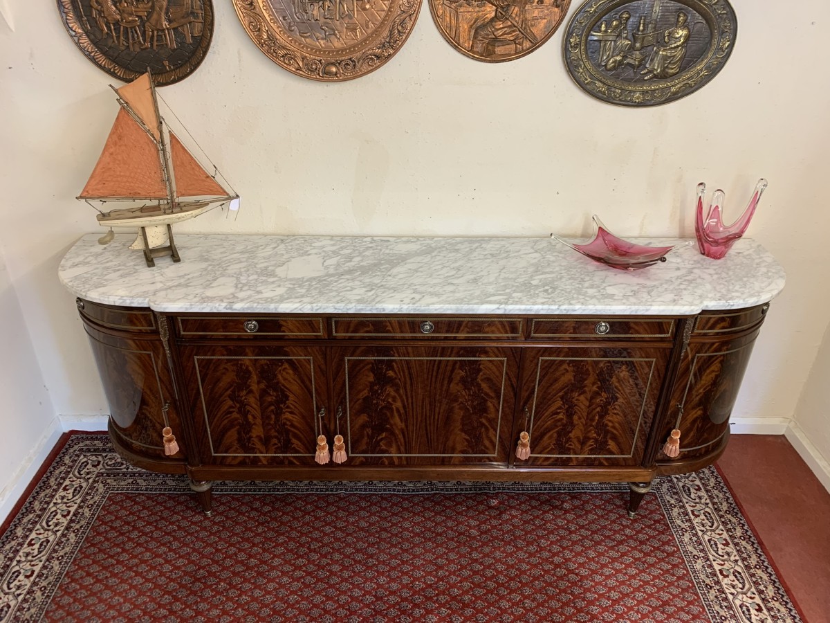 Stunning Antique French Neo Classical Shaped Mahogany Marble Top Credenza - Image 3
