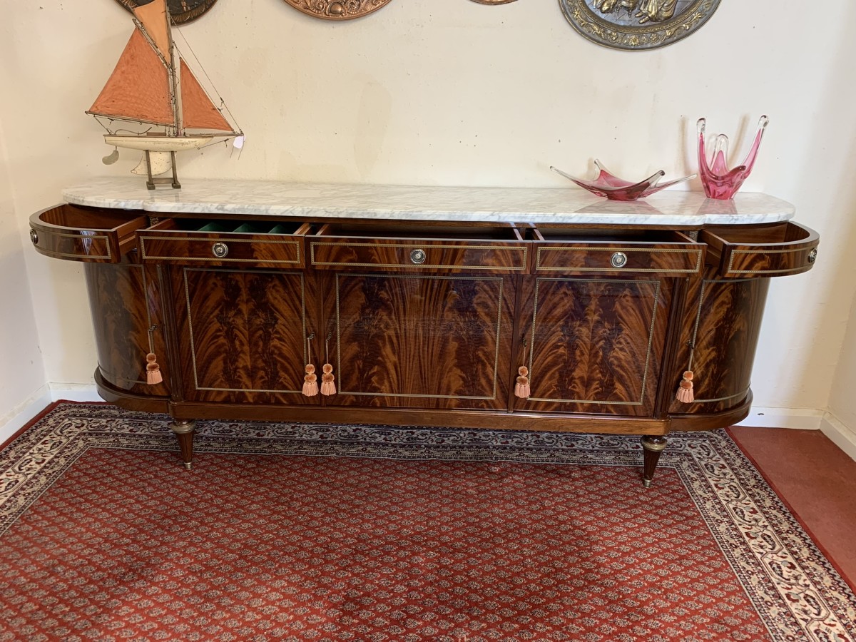 Stunning Antique French Neo Classical Shaped Mahogany Marble Top Credenza - Image 4