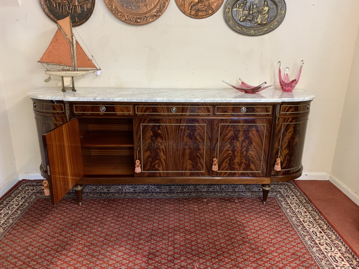 Stunning Antique French Neo Classical Shaped Mahogany Marble Top Credenza - Image 7
