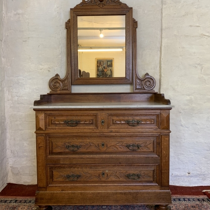 Fabulous Antique French Carved Oak Marble Top Dressing Chest/dressing Table