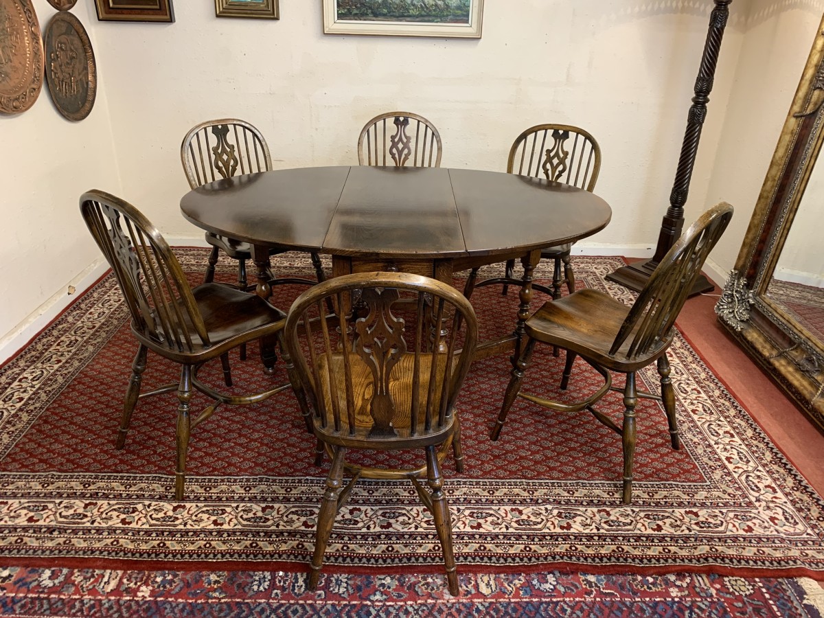 Quality Oak Gate Leg Table With Six Matching Crinoline Stretcher Chairs