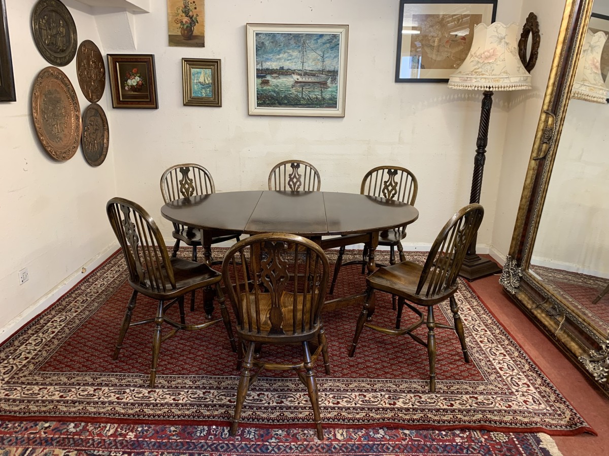 Quality Oak Gate Leg Table With Six Matching Crinoline Stretcher Chairs - Image 12