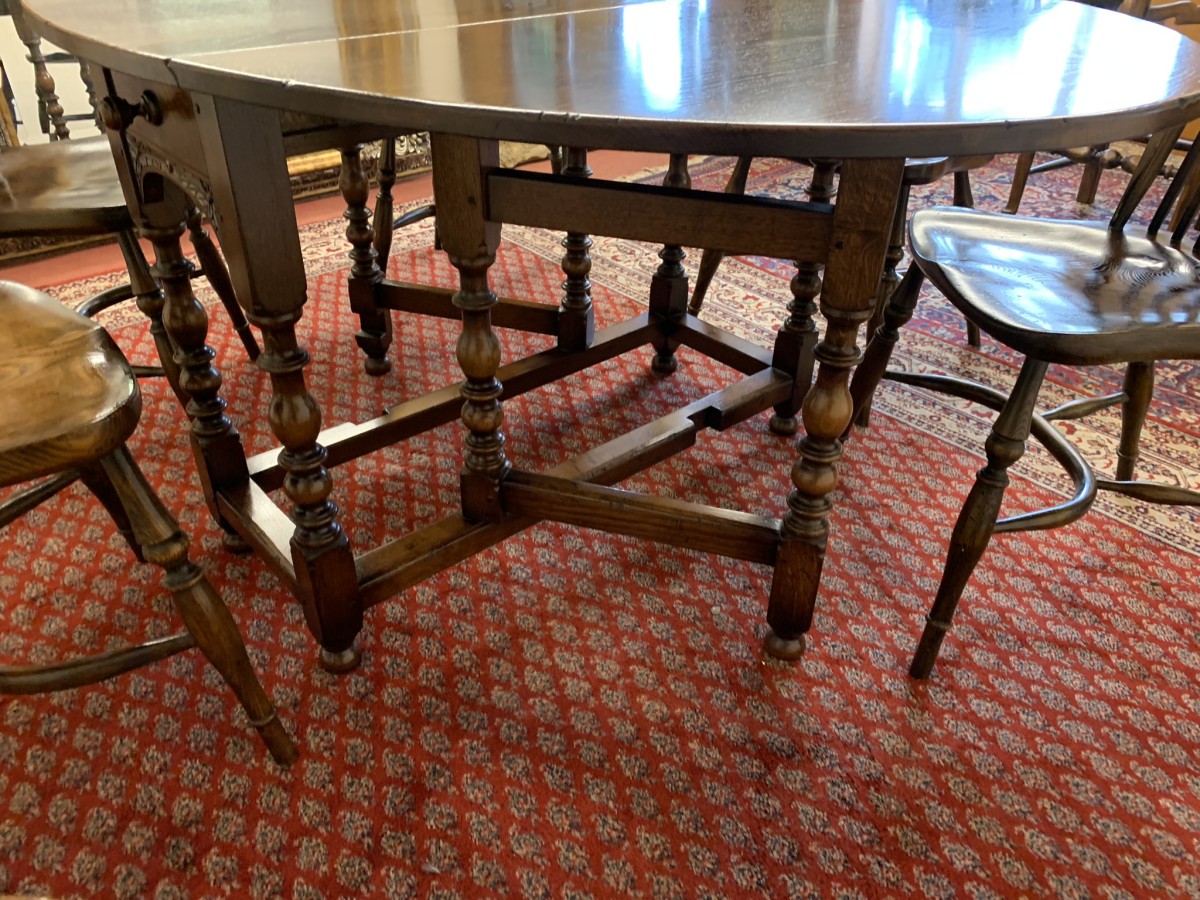 Quality Oak Gate Leg Table With Six Matching Crinoline Stretcher Chairs - Image 13