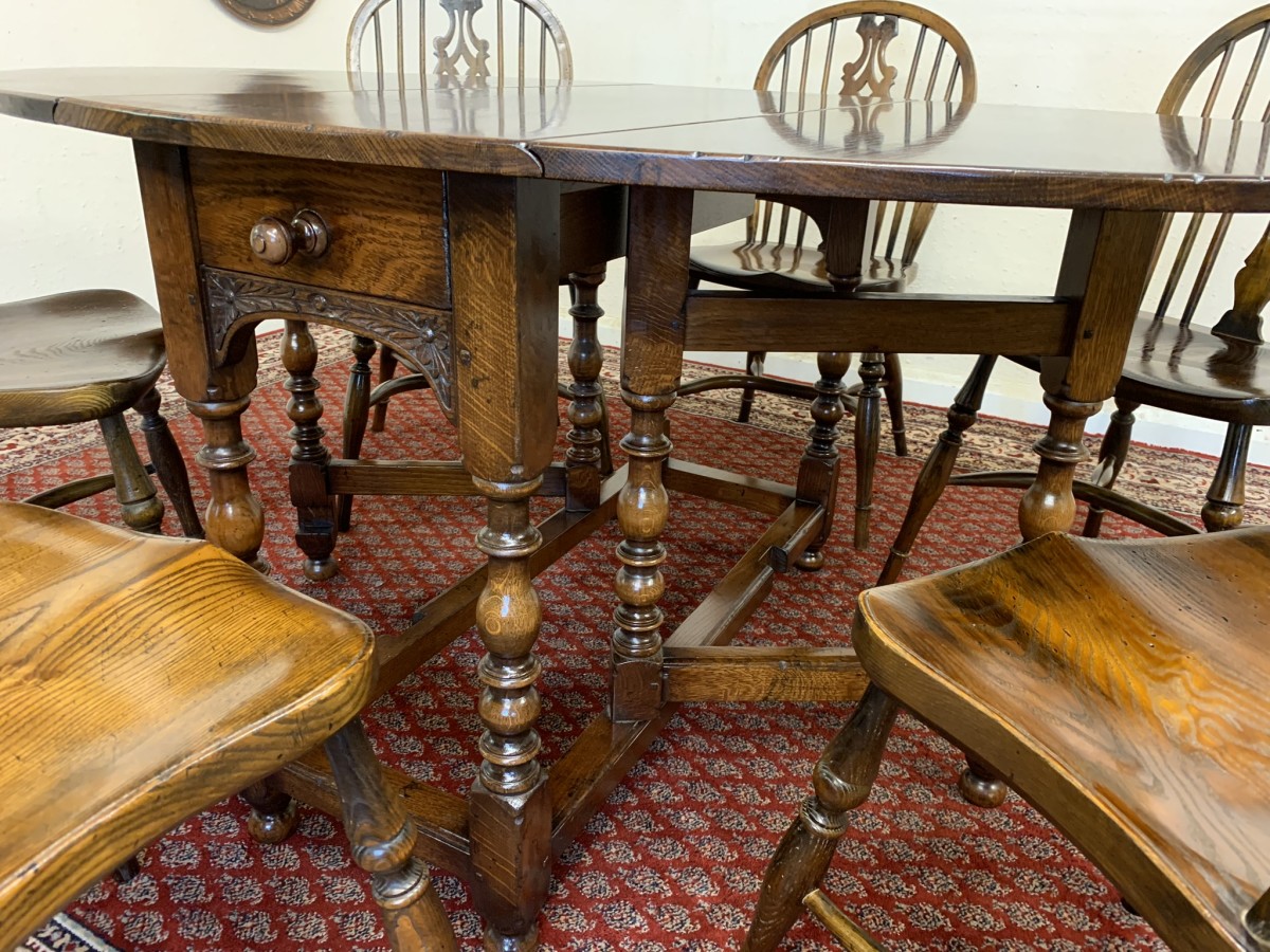 Quality Oak Gate Leg Table With Six Matching Crinoline Stretcher Chairs - Image 14