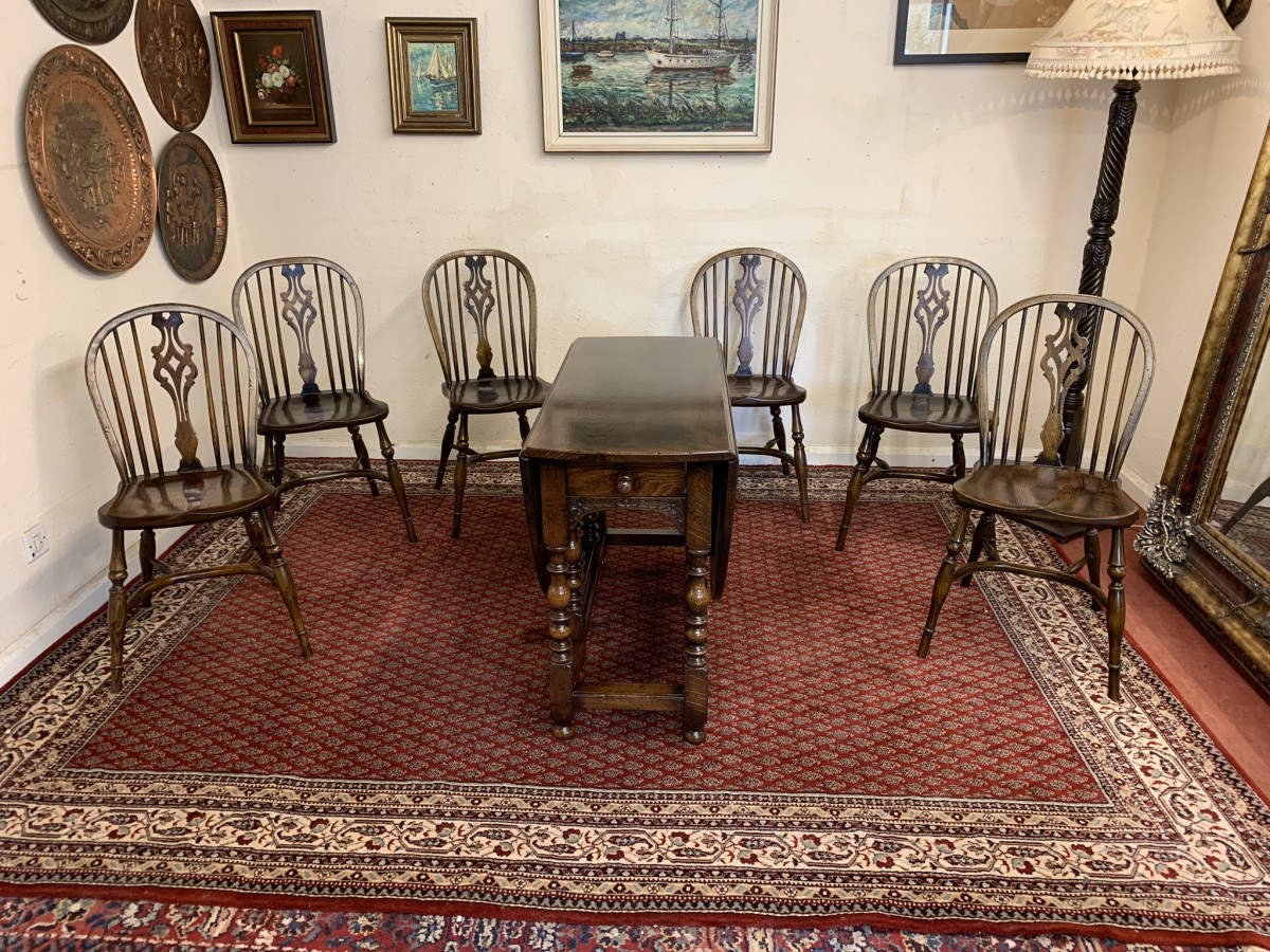Quality Oak Gate Leg Table With Six Matching Crinoline Stretcher Chairs - Image 15