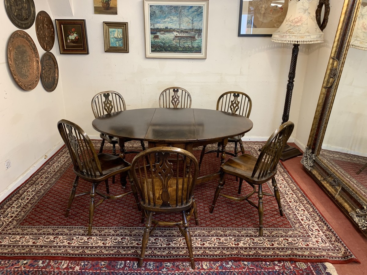 Quality Oak Gate Leg Table With Six Matching Crinoline Stretcher Chairs - Image 2