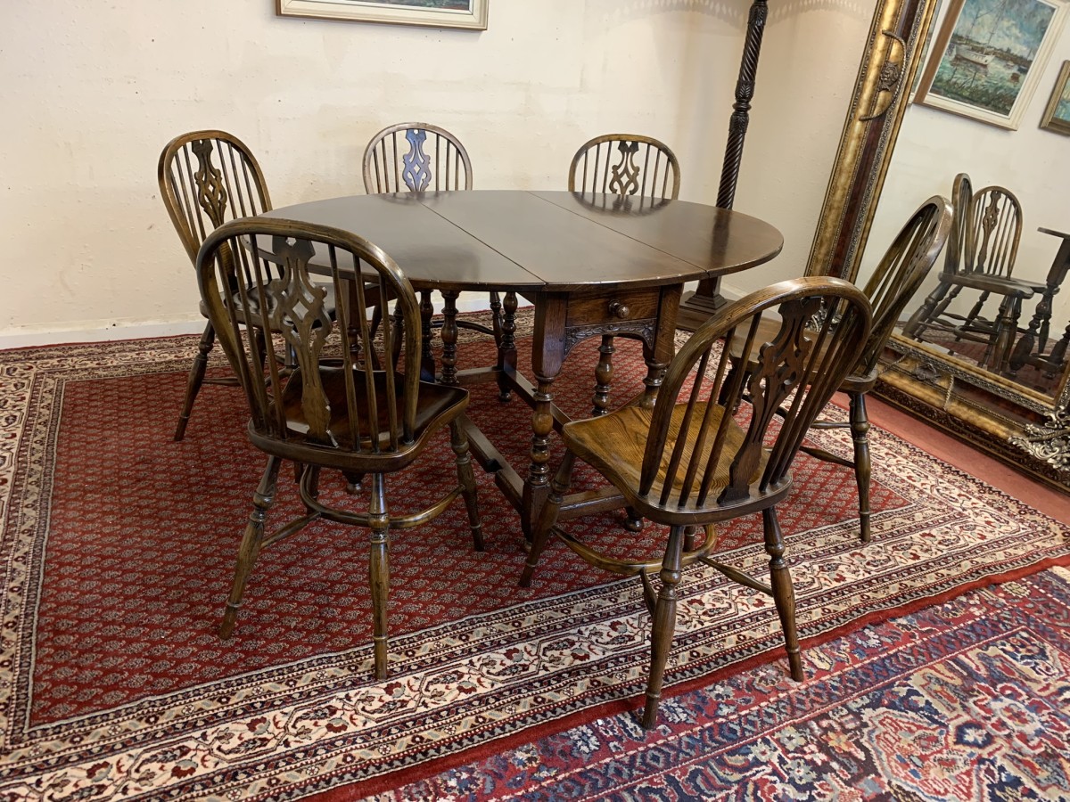 Quality Oak Gate Leg Table With Six Matching Crinoline Stretcher Chairs - Image 4