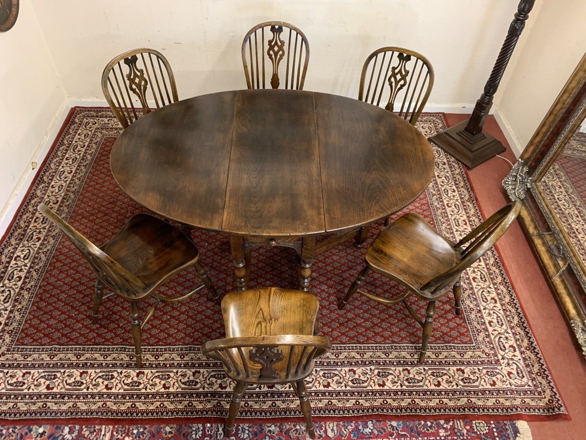 Quality Oak Gate Leg Table With Six Matching Crinoline Stretcher Chairs - Image 5