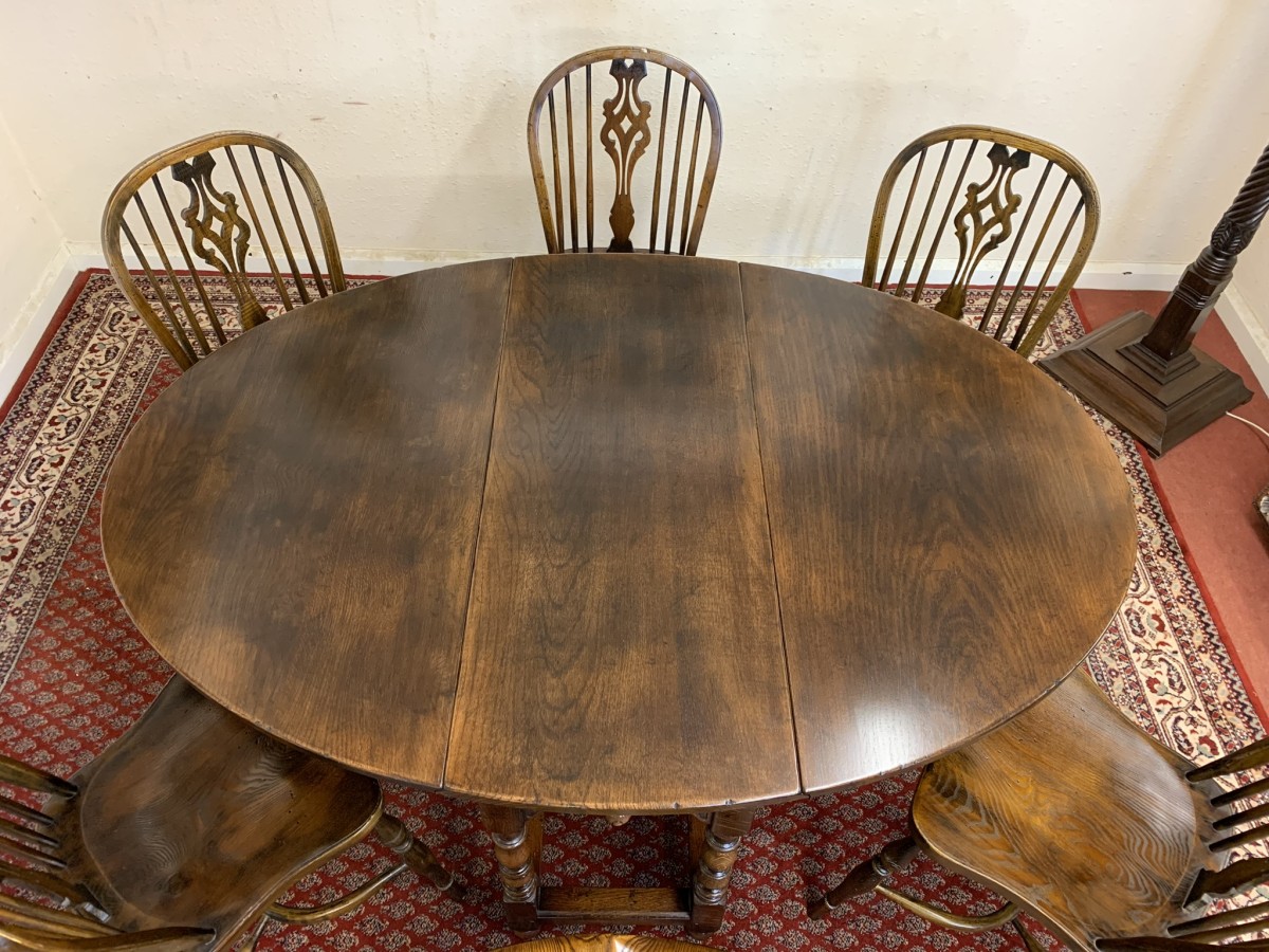 Quality Oak Gate Leg Table With Six Matching Crinoline Stretcher Chairs - Image 6