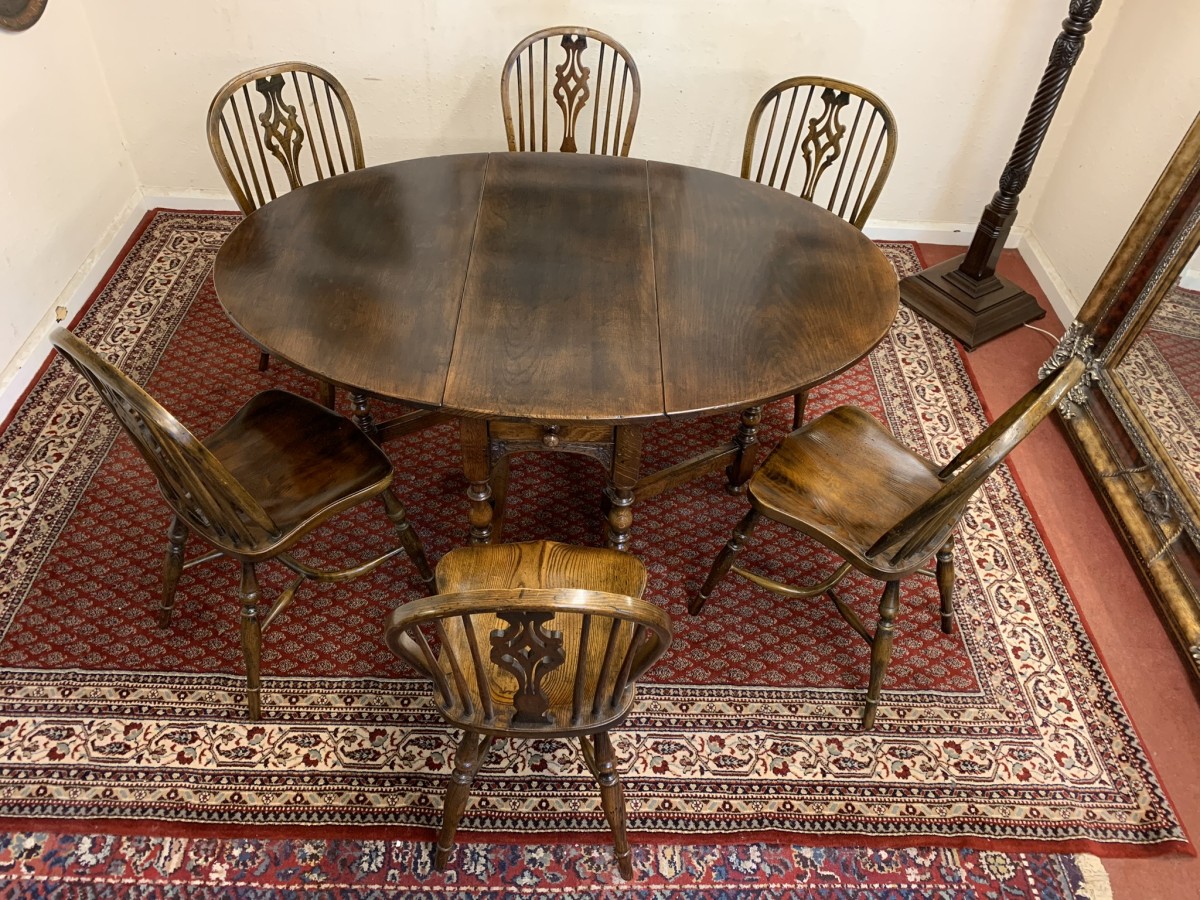 Quality Oak Gate Leg Table With Six Matching Crinoline Stretcher Chairs - Image 7