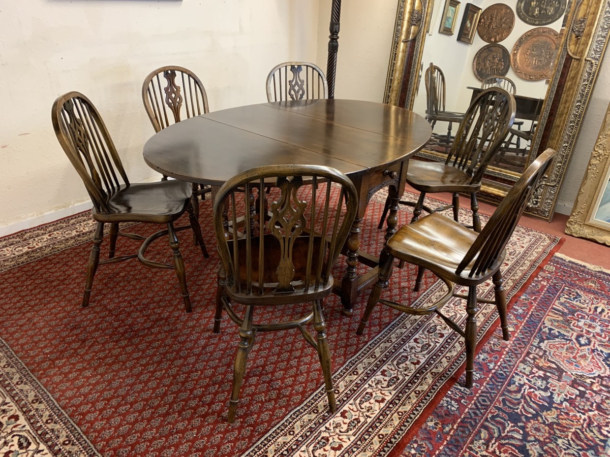 Quality Oak Gate Leg Table With Six Matching Crinoline Stretcher Chairs - Image 9