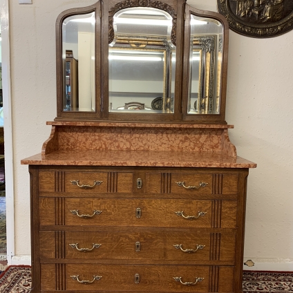 Fabulous French Antique Oak Marble Top Mirrored Back Washstand