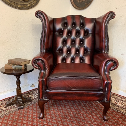 Quality Oxblood Leather Buttoned Back Chesterfield Wingback Armchair