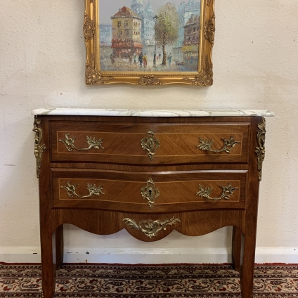 Stunning French Shaped Walnut And Ormolu Marble Top Commode