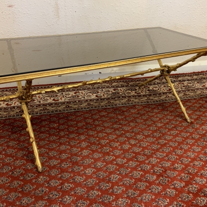 Attractive Brass X Framed Smoked Glass Top Coffee Table Circa 1950