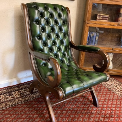 Fantastic Quality Antique Green Leather Mahogany Slipper Chair