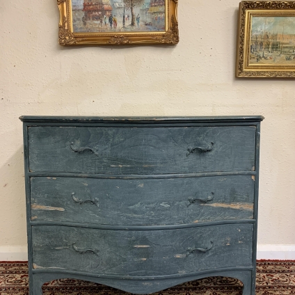 Fabulous French Blue Painted Serpentine Chest Of Three Drawers