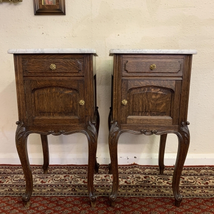Pair Of Antique French Carved Oak Marble Top Bedside Cabinets Circa 1890