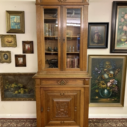 Antique French Carved Oak Glazed Bookcase Cupboard/cabinet Circa 1900