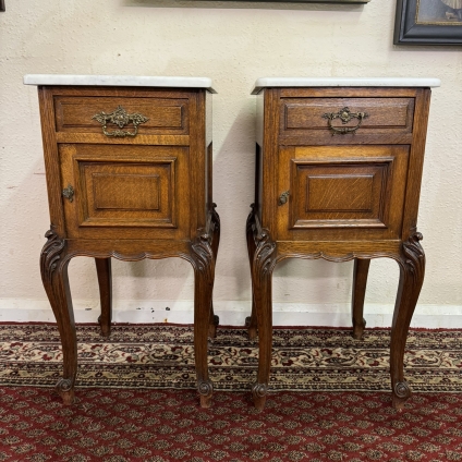Fabulous Pair Of Antique French Oak Marble Top Bedside Cabinets Circa 1890