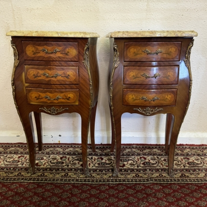 Outstanding Quality French Shaped Marquetry Inlaid Kingwood Marble Top Bedsides