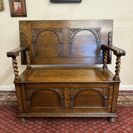Outstanding Quality Antique Carved Oak Barley Twist Monks Bench Circa 1930