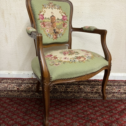 Stylish French Carved Oak Needlepoint Chair Circa 1950