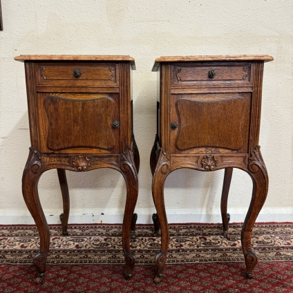 Fabulous Pair Of French Carved Oak Marble Top Bedside Cabinets Circa 1890