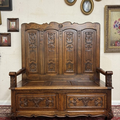 Stunning Antique French Carved Oak High Back Settle/seat Circa 1920