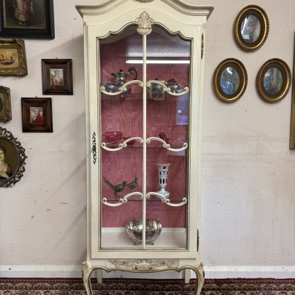Stylish French Glazed Antique White Display Cabinet Circa 1950
