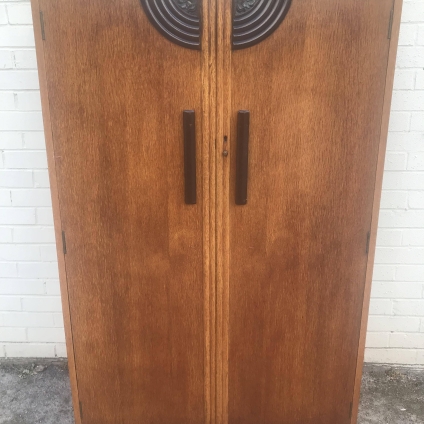 Art Deco Oak And Walnut Two Door Fitted Gentlemans Wardrobe - Now Sold