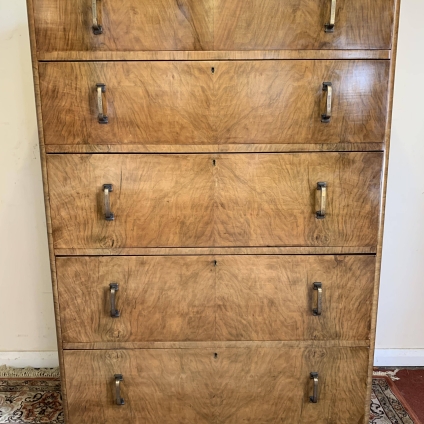 Stylish Art Deco Burr Walnut Tall Chest Of Five Drawers - Now Sold