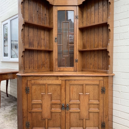 Top Quality Solid Oak Arts And Crafts Glazed Corner Cabinet - Now Sold