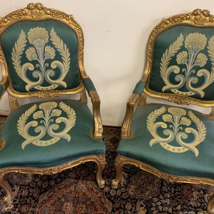 Impressive Pair Of French Carved Gilt Upholstered Armchairs - Now Sold