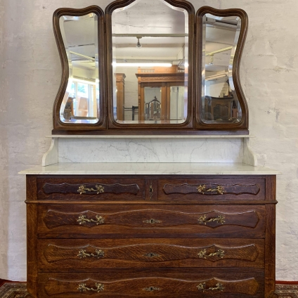 Stunning French Antique Carved Oak Triple Mirror Marble Topped Dressing Chest - Now Sold
