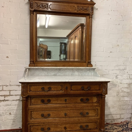 Supreme Antique French Carved Oak Marble Top Mirrored Back Chest Circa 1900 Now Sold