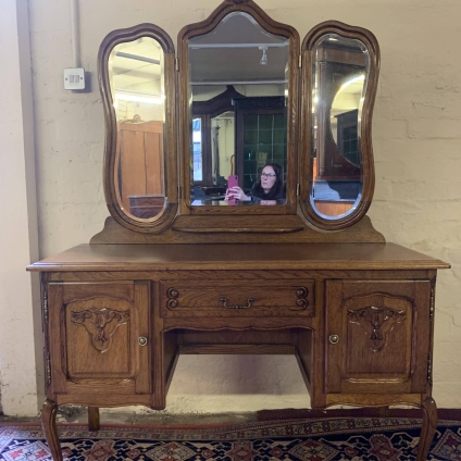 Stylish French Carved Oak Triple Mirror Dressing Table - Now Sold