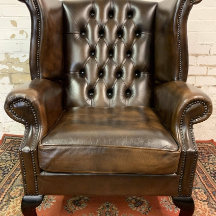 Classic Antique Brown Leather Chesterield Wingback Armchair - Now Sold