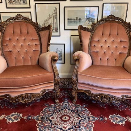 Stunning Pair Of French Carved Mahogany Upholstered Armchairs - Now Sold