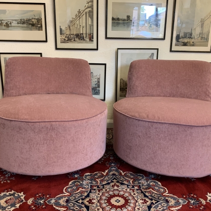 Stylish Pair Of Blush Pink Upholstered Revolving Tub Chairs - Now Sold