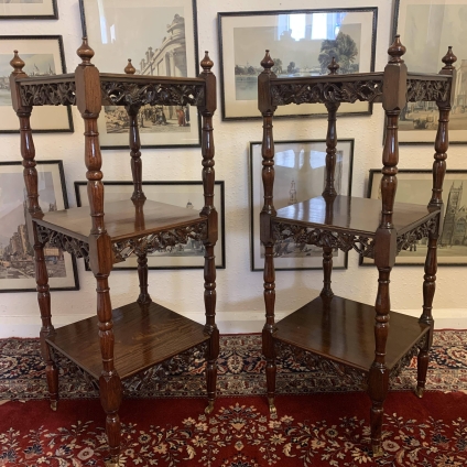 Stunning Pair Of Carved Mahogany Three Tier What Nots/stands/sidetables/display - Now Sold