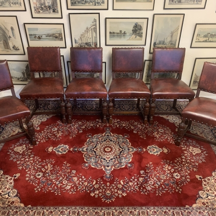 Stunning Antique Set Of Six Carved Oak Leather Upholstered Dining Chairs - Now Sold