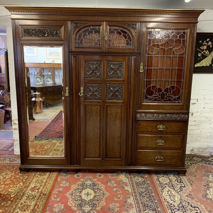 Stunning Antique Carved Mahogany Wardrobe With Stained Glass Circa 1885