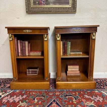 Fabulous Pair Of Regency Influenced Yew Wood And Gilt Dwarf Open Bookcase