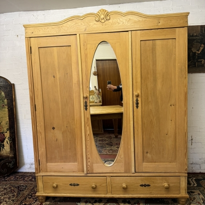 Fabulous Antique Pine Mirror Door Wardrobe Circa 1910