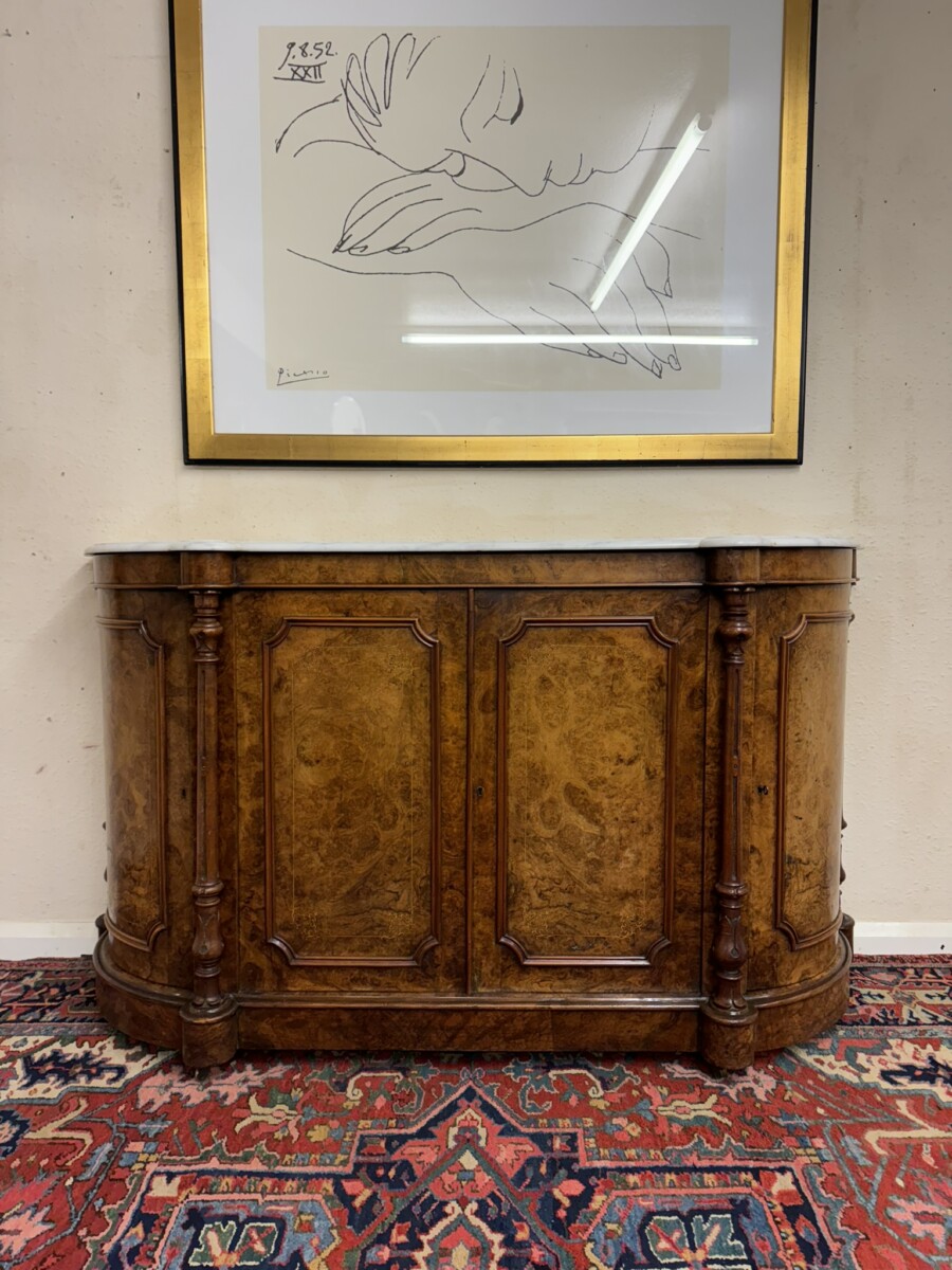 VICTORIAN INLAID BURR WALNUT MARBLE TOP CRDENZA/SIDEBOARD CIRCA 1880
