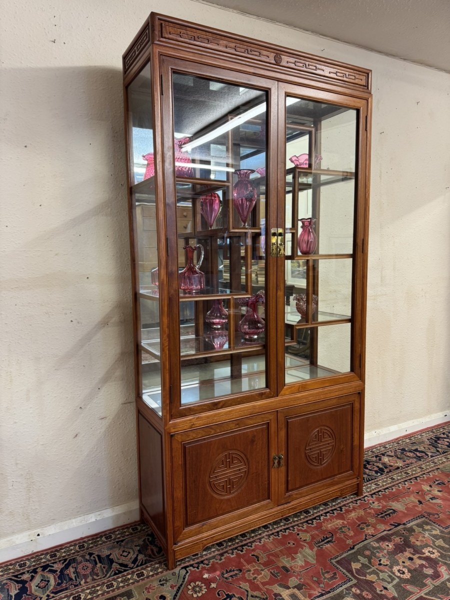 FANTASTIC QUALITY LARGE ORIENTAL TEAK GLAZED CABINET - Image 2