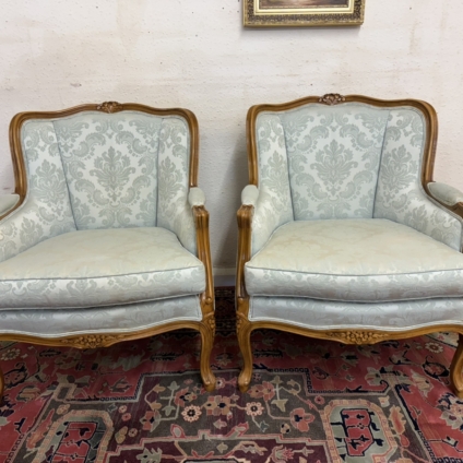 FABULOUS PAIR OF FRENCH CARVED WALNUT ARMCHAIRS CIRCA 1950