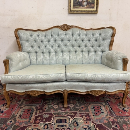 FABULOUS FRENCH CARVED WALNUT BUTTONED BACK SOFA CIRCA 1950