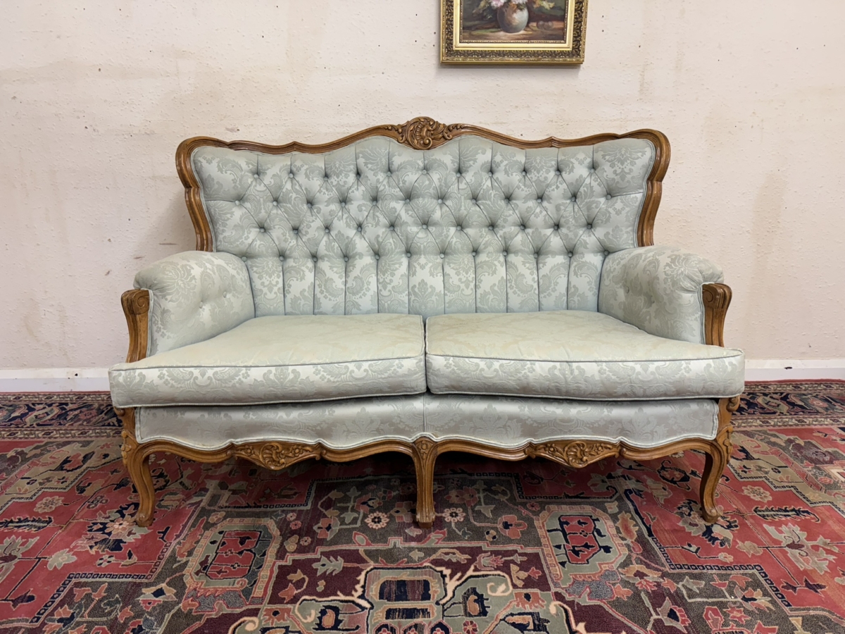 FABULOUS FRENCH CARVED WALNUT BUTTONED BACK SOFA CIRCA 1950